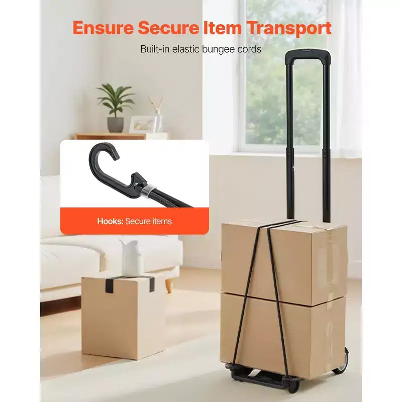 Carrello Pieghevole, Capacità di Carico 50 kg, Carrello Portabagagli Pieghevole con 2 Ruote e 1 Corda Elastica, Carrello Piattaforma Utility, Nero