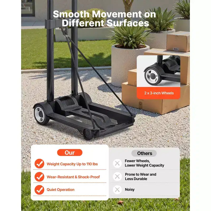 Carrello Pieghevole, Capacità di Carico 50 kg, Carrello Portabagagli Pieghevole con 2 Ruote e 1 Corda Elastica, Carrello Piattaforma Utility, Nero