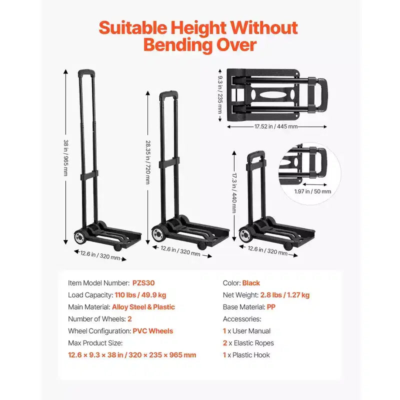 Carrello Pieghevole, Capacità di Carico 50 kg, Carrello Portabagagli Pieghevole con 2 Ruote e 1 Corda Elastica, Carrello Piattaforma Utility, Nero