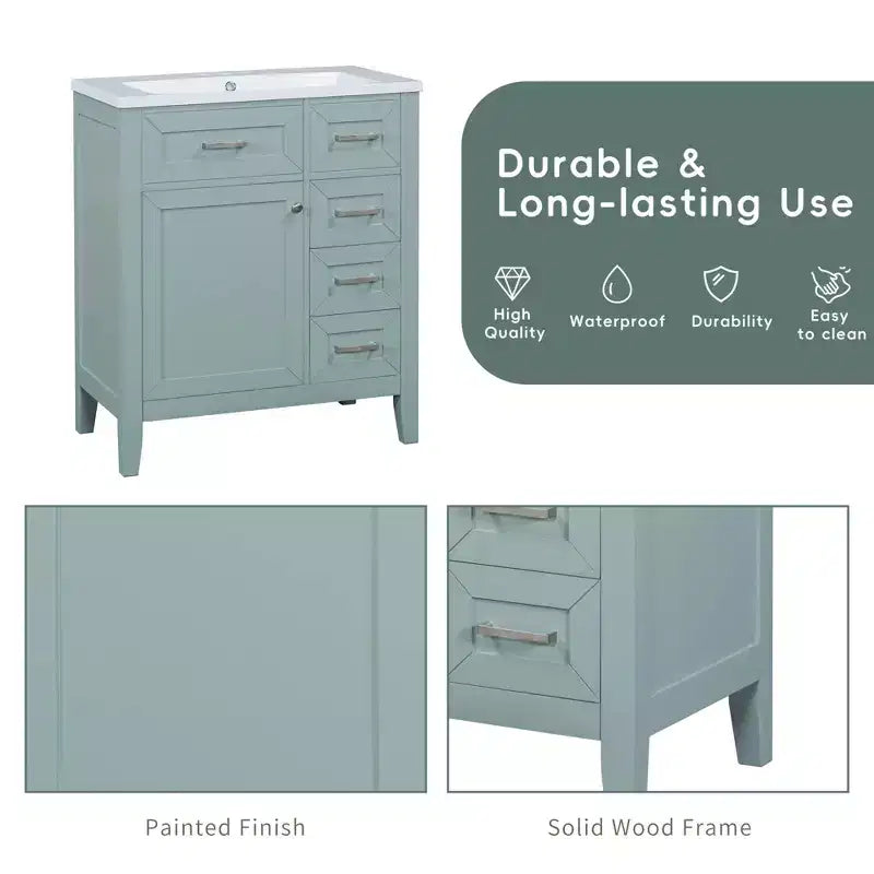 Base per mobile bagno a 30" senza lavello, con cassetti in MDF, telaio solido, colore verde