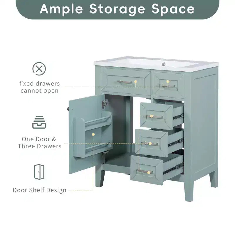 Base per mobile bagno a 30" senza lavello, con cassetti in MDF, telaio solido, colore verde