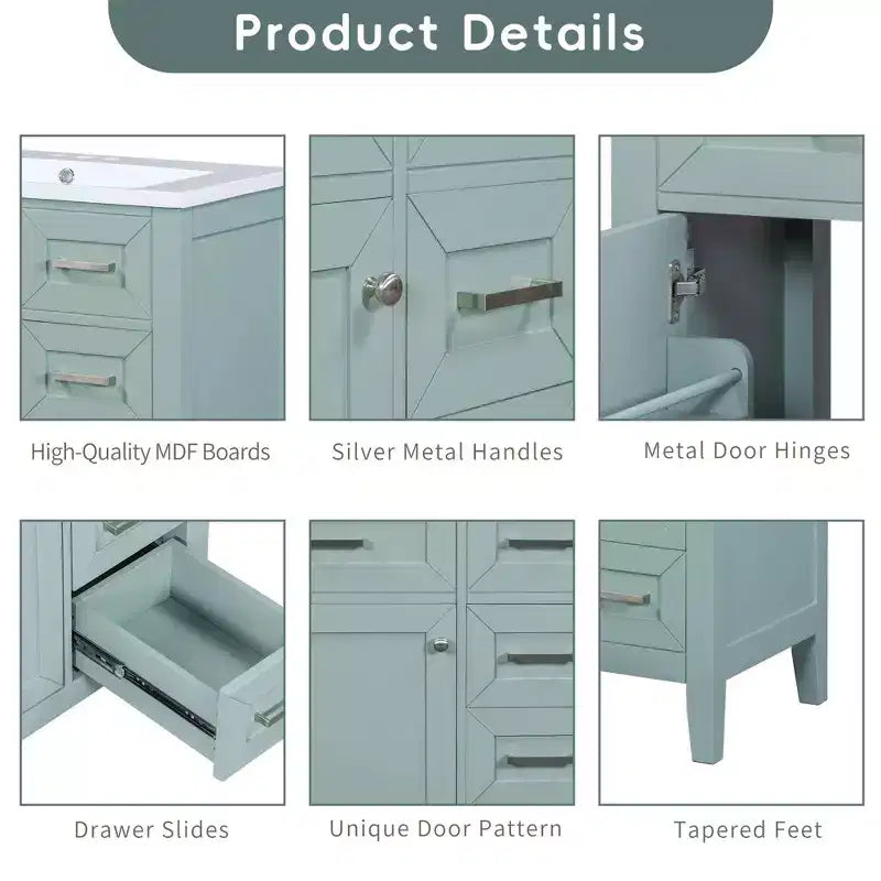 Base per mobile bagno a 30" senza lavello, con cassetti in MDF, telaio solido, colore verde