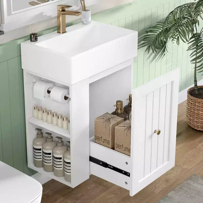 Mobile bagno 20 in ceramica per lavabo, cassetto portaoggetti in MDF, mensola laterale, maniglia dorata, piccolo bagno