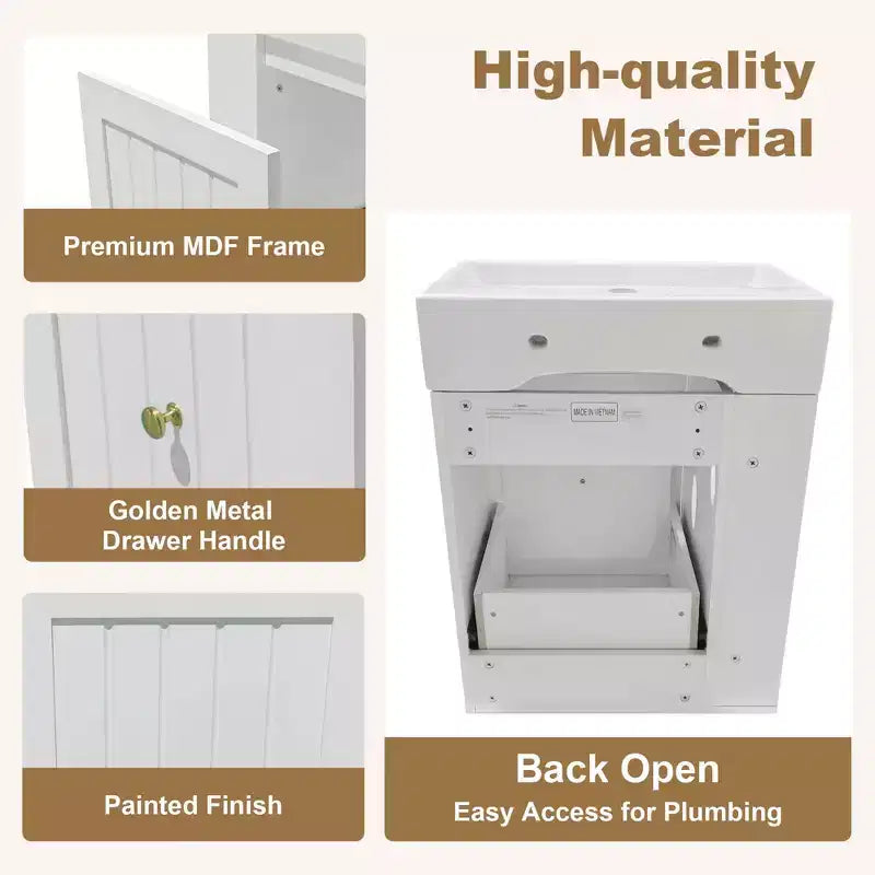 Mobile bagno 20 in ceramica per lavabo, cassetto portaoggetti in MDF, mensola laterale, maniglia dorata, piccolo bagno