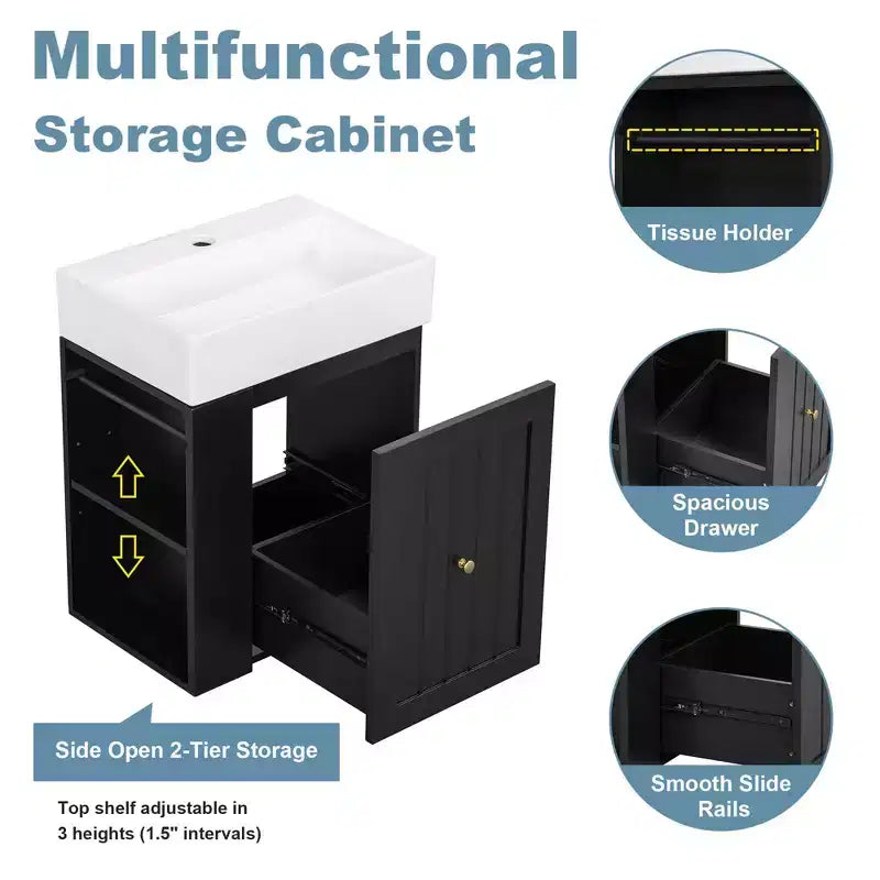 Mobile bagno 20 in ceramica per lavabo, cassetto portaoggetti in MDF, mensola laterale, maniglia dorata, piccolo bagno