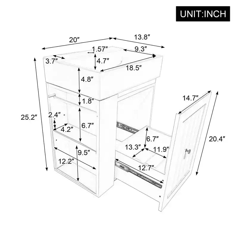 Mobile bagno 20 in ceramica per lavabo, cassetto portaoggetti in MDF, mensola laterale, maniglia dorata, piccolo bagno