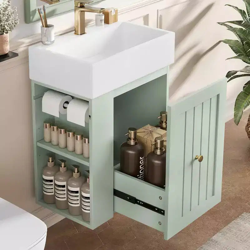 Mobile bagno 20 in ceramica per lavabo, cassetto portaoggetti in MDF, mensola laterale, maniglia dorata, piccolo bagno