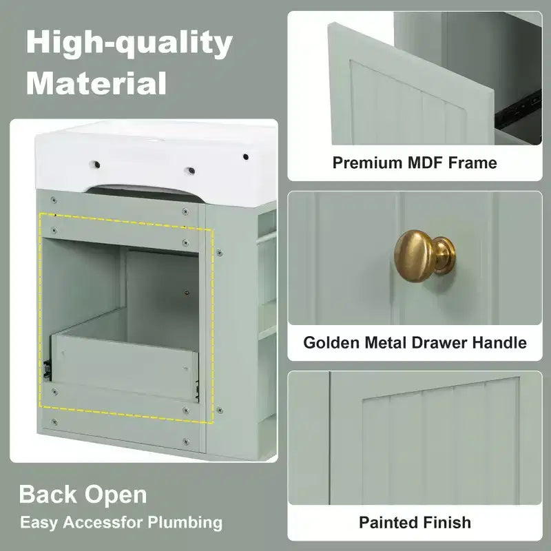 Mobile bagno 20 in ceramica per lavabo, cassetto portaoggetti in MDF, mensola laterale, maniglia dorata, piccolo bagno