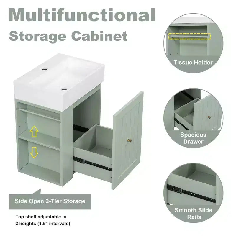 Mobile bagno 20 in ceramica per lavabo, cassetto portaoggetti in MDF, mensola laterale, maniglia dorata, piccolo bagno