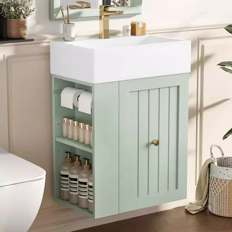 Mobile bagno 20 in ceramica per lavabo, cassetto portaoggetti in MDF, mensola laterale, maniglia dorata, piccolo bagno