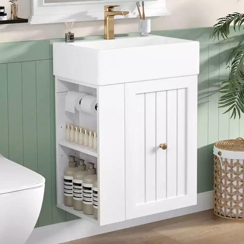 Mobile bagno 20 in ceramica per lavabo, cassetto portaoggetti in MDF, mensola laterale, maniglia dorata, piccolo bagno