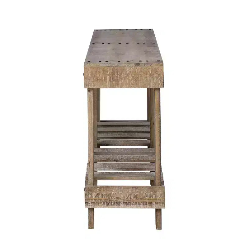 62.9 Consolle per ingresso rustico con ripiano portaoggetti, tavolo da corridoio in legno massello di abete con dettagli in rivetti metallici per soggiorno