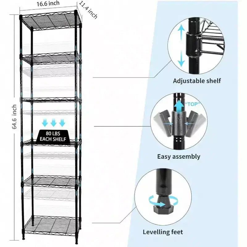 6 - Scaffale a filo a ripiani regolabile in metallo per lavanderia bagno cucina dispensa armadio nero 16,6L x 11,4W x 64,6H
