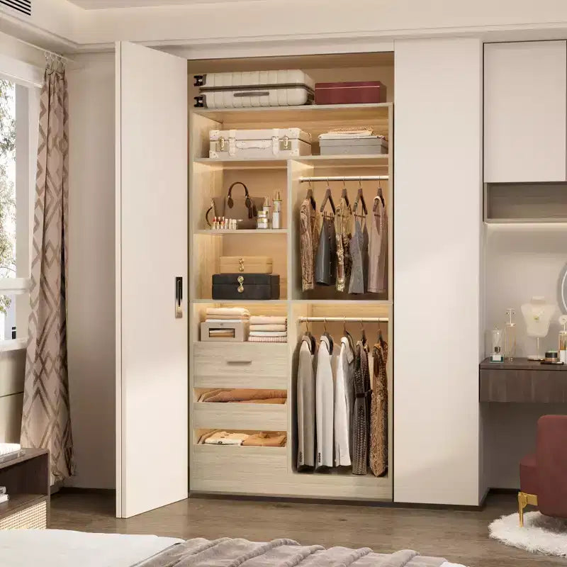 Organizzatore per armadio da 36 pollici con cassetti in legno, sistema guardaroba autoportante con aste appendiabiti