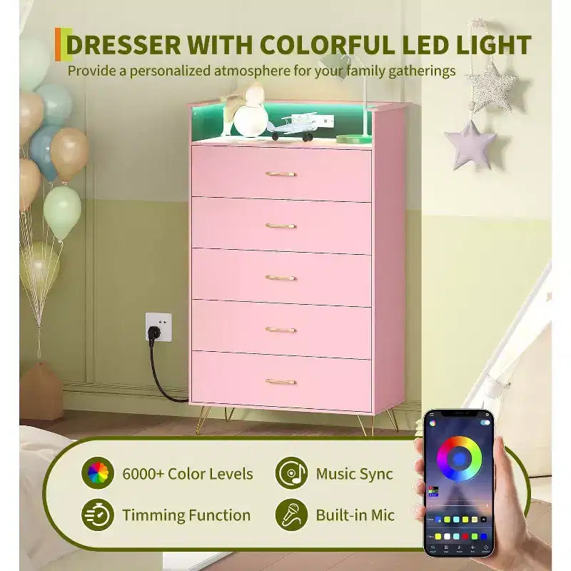 Comò a 4 cassetti con luci RGB e stazione di ricarica, comò a LED controllato da app con sincronizzazione musicale, cassettiera in legno per camera da letto, armadio, soggiorno