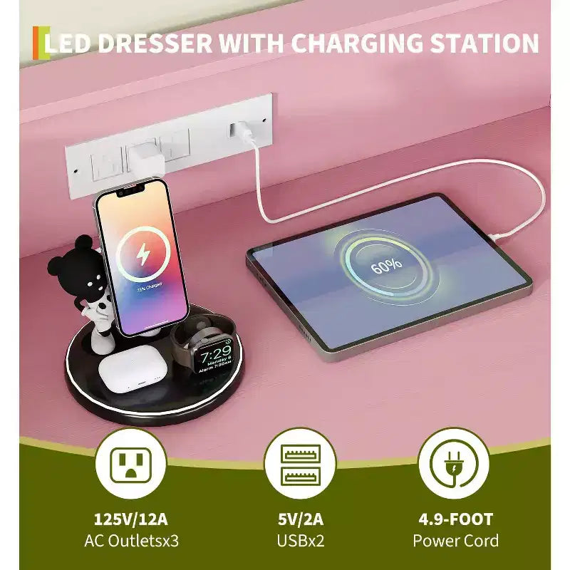 Comò a 4 cassetti con luci RGB e stazione di ricarica, comò a LED controllato da app con sincronizzazione musicale, cassettiera in legno per camera da letto, armadio, soggiorno