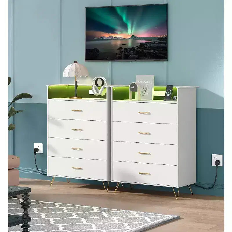 Comò a 4 cassetti con luci RGB e stazione di ricarica, comò a LED controllato da app con sincronizzazione musicale, cassettiera in legno per camera da letto, armadio, soggiorno