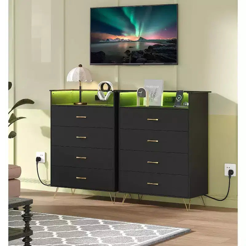 Comò a 4 cassetti con luci RGB e stazione di ricarica, comò a LED controllato da app con sincronizzazione musicale, cassettiera in legno per camera da letto, armadio, soggiorno