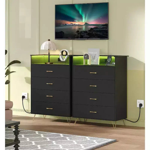 Comò a 4 cassetti con luci RGB e stazione di ricarica, comò a LED controllato da app con sincronizzazione musicale, cassettiera in legno per camera da letto, armadio, soggiorno