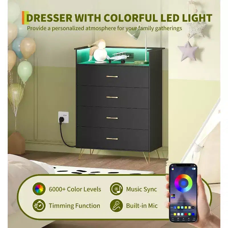 Comò a 4 cassetti con luci RGB e stazione di ricarica, comò a LED controllato da app con sincronizzazione musicale, cassettiera in legno per camera da letto, armadio, soggiorno