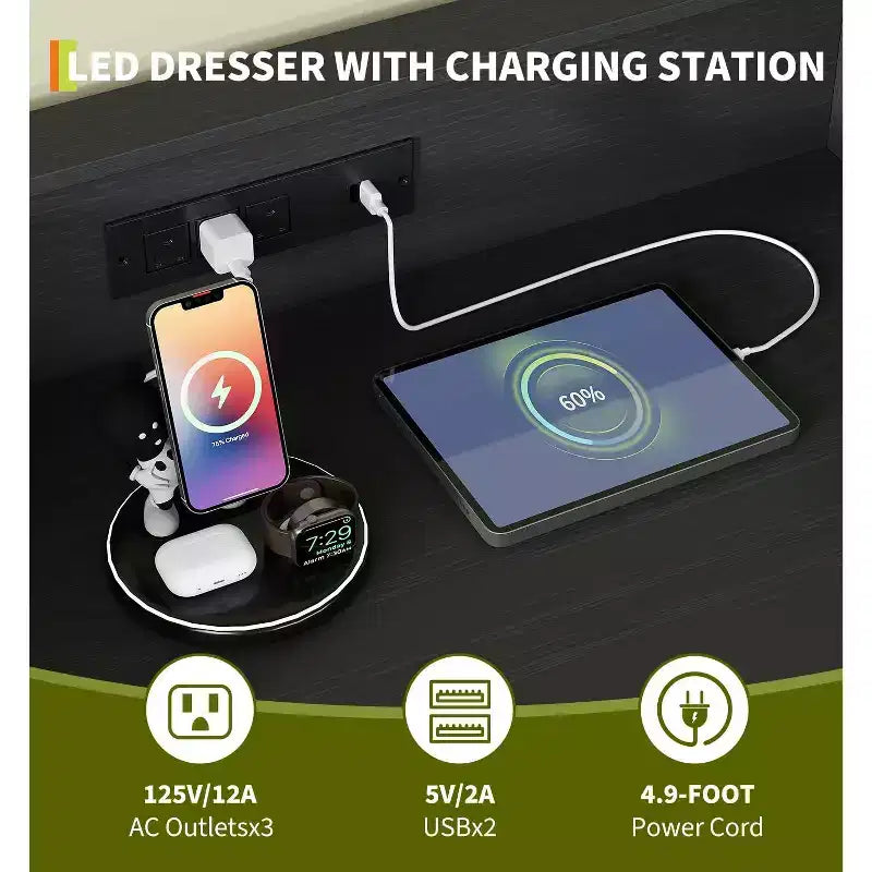 Comò a 4 cassetti con luci RGB e stazione di ricarica, comò a LED controllato da app con sincronizzazione musicale, cassettiera in legno per camera da letto, armadio, soggiorno