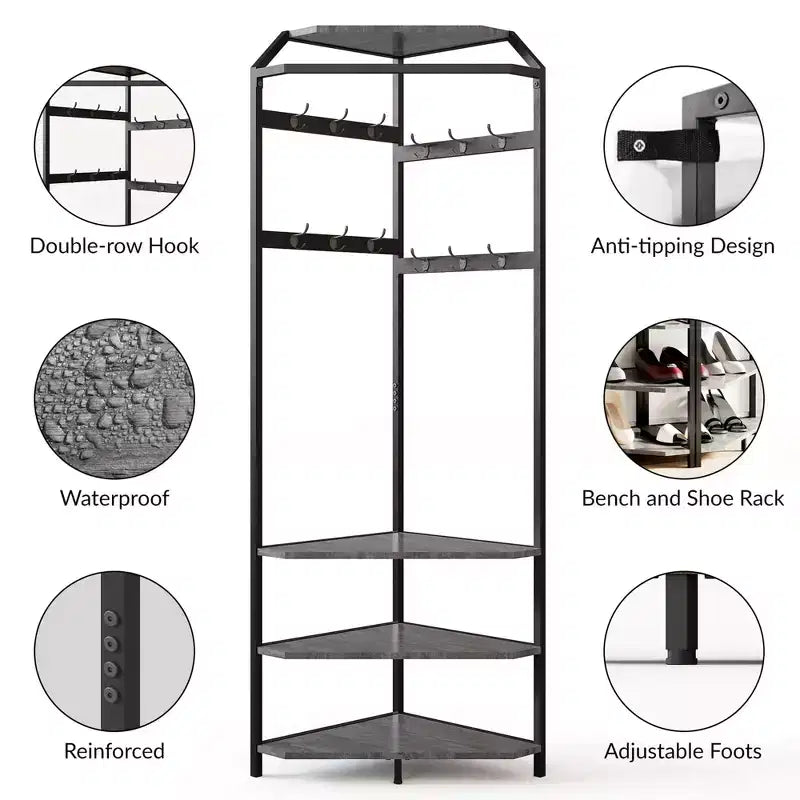 Appendiabiti con 3 Ripiani Contenitori, 6 Ganci Doppi e Ampio Ripiano, Appendiabiti ad Angolo e Appendiabiti da Terra Stone