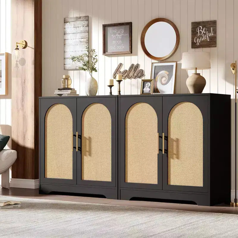 Madia moderna con 2 ante in rattan - Mobile contenitore credenza per soggiorno, sala da pranzo e ingresso