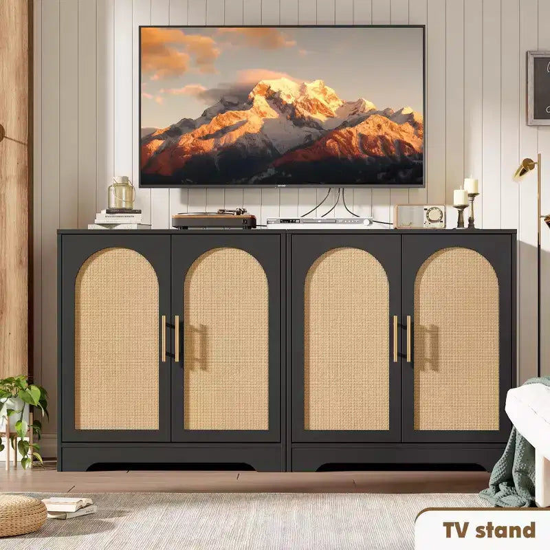 Madia moderna con 2 ante in rattan - Mobile contenitore credenza per soggiorno, sala da pranzo e ingresso
