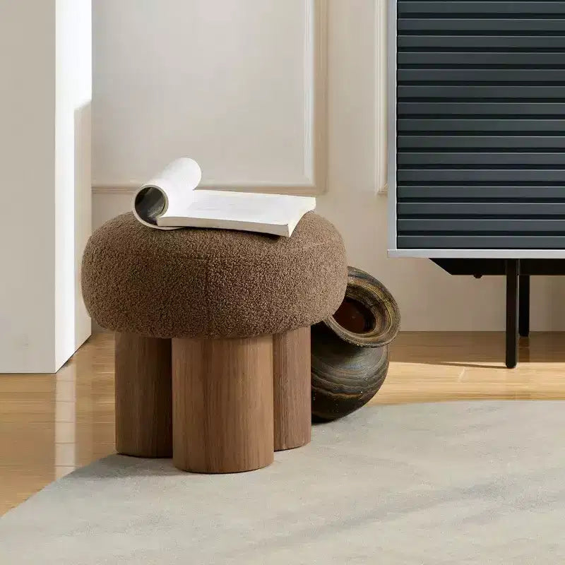 Sgabello a forma di fungo, pouf in peluche con gambe effetto legno, sgabello d'accento a forma di botte da 17 pollici per soggiorno e ingresso
