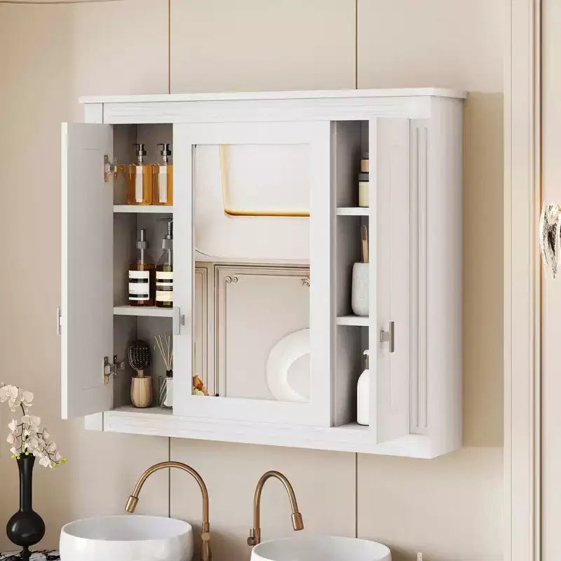 Mobiletto Pensile da Bagno da 35 Pollici con 5 Ripiani Chiusi e Regolabili, Armadietto Contenitore da Bagno a Parete con Ante in Vetro, Bianco