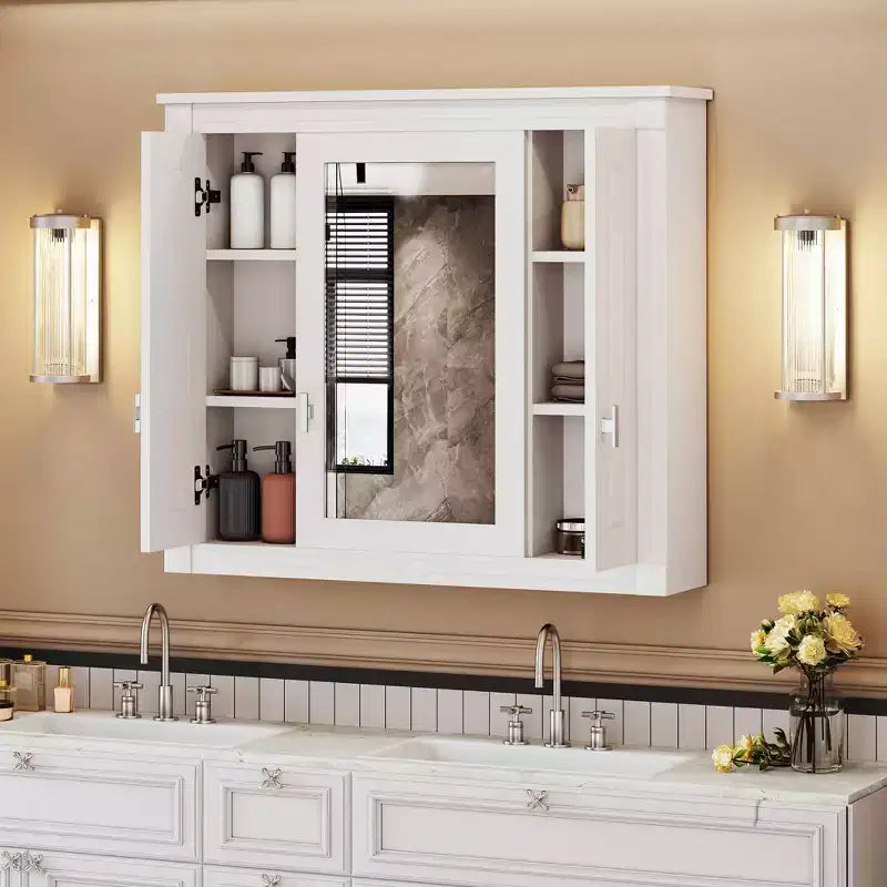 Mobiletto Pensile da Bagno da 35 Pollici con 5 Ripiani Chiusi e Regolabili, Armadietto Contenitore da Bagno a Parete con Ante in Vetro, Bianco