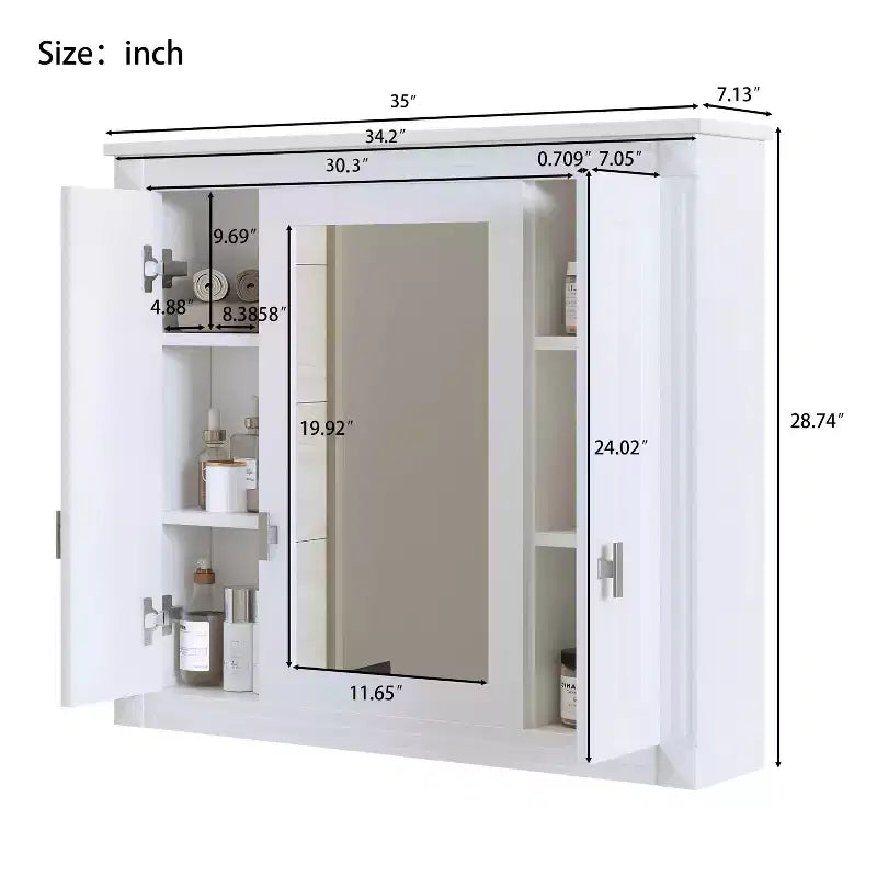 Mobiletto Pensile da Bagno da 35 Pollici con 5 Ripiani Chiusi e Regolabili, Armadietto Contenitore da Bagno a Parete con Ante in Vetro, Bianco