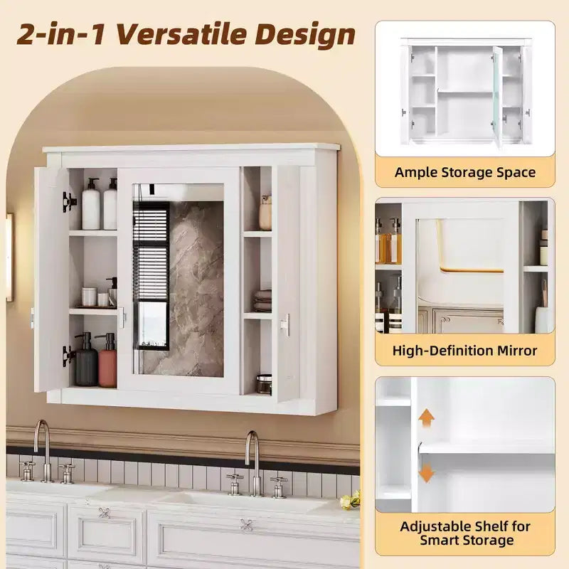 Mobiletto Pensile da Bagno da 35 Pollici con 5 Ripiani Chiusi e Regolabili, Armadietto Contenitore da Bagno a Parete con Ante in Vetro, Bianco