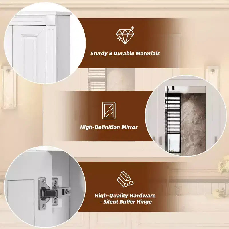 Mobiletto Pensile da Bagno da 35 Pollici con 5 Ripiani Chiusi e Regolabili, Armadietto Contenitore da Bagno a Parete con Ante in Vetro, Bianco