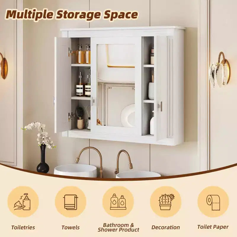 Mobiletto Pensile da Bagno da 35 Pollici con 5 Ripiani Chiusi e Regolabili, Armadietto Contenitore da Bagno a Parete con Ante in Vetro, Bianco