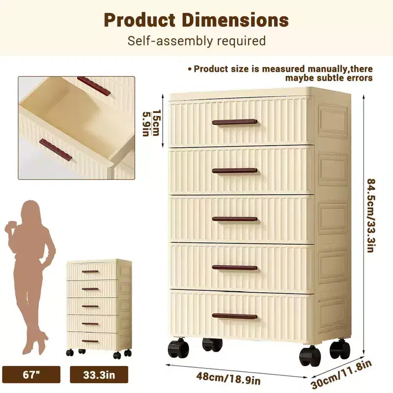 Armadietto contenitore multifunzionale a 5 ripiani color crema - Organizzatore mobile per camera da letto e soggiorno con cassetti per giocattoli, libri, vestiti e snack