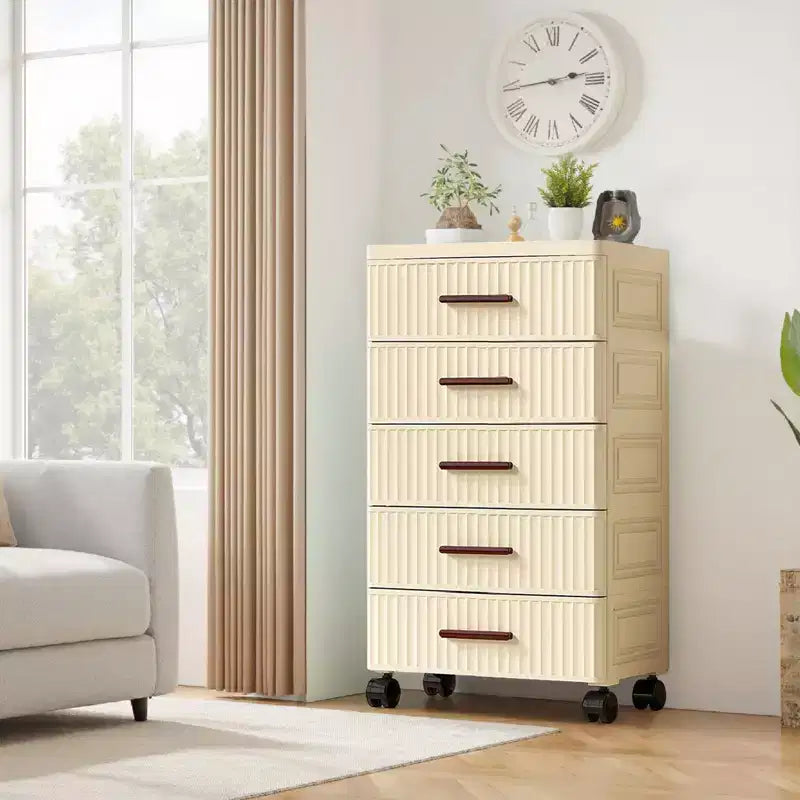 Armadietto contenitore multifunzionale a 5 ripiani color crema - Organizzatore mobile per camera da letto e soggiorno con cassetti per giocattoli, libri, vestiti e snack