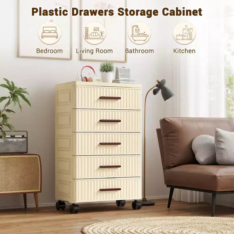 Armadietto contenitore multifunzionale a 5 ripiani color crema - Organizzatore mobile per camera da letto e soggiorno con cassetti per giocattoli, libri, vestiti e snack