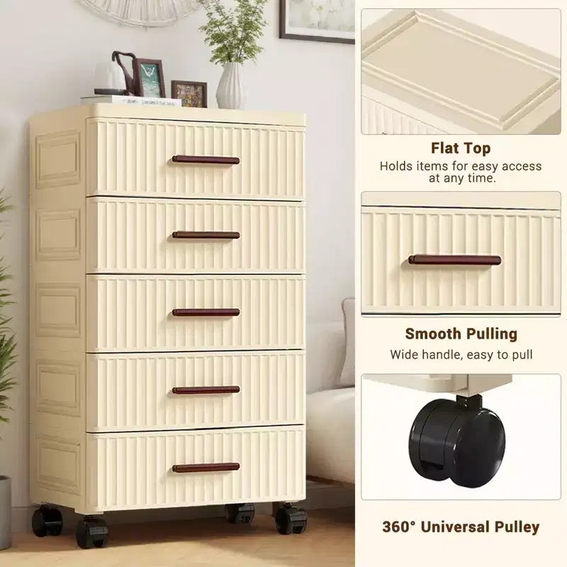 Armadietto contenitore multifunzionale a 5 ripiani color crema - Organizzatore mobile per camera da letto e soggiorno con cassetti per giocattoli, libri, vestiti e snack