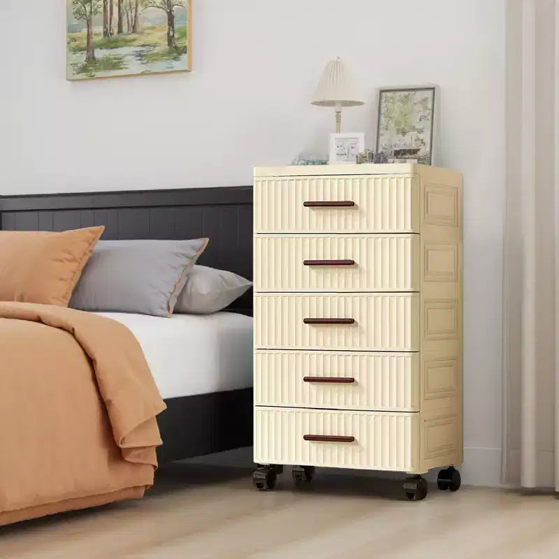 Armadietto contenitore multifunzionale a 5 ripiani color crema - Organizzatore mobile per camera da letto e soggiorno con cassetti per giocattoli, libri, vestiti e snack