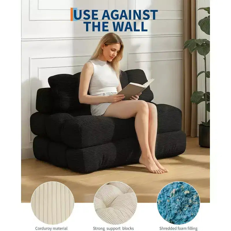 Divano letto pieghevole 3 in 1, poltrona letto convertibile con cuscino, letto pieghevole portatile, comodo divano da pavimento con schienale per soggiorno, beige