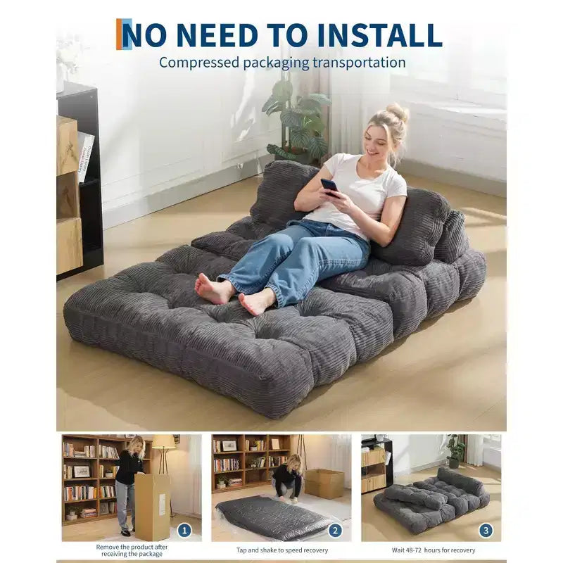Divano letto pieghevole 3 in 1, poltrona letto convertibile con cuscino, letto pieghevole portatile, comodo divano da pavimento con schienale per soggiorno, beige