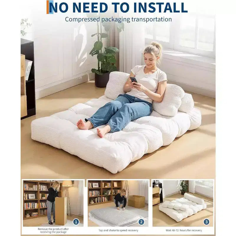 Divano letto pieghevole 3 in 1, poltrona letto convertibile con cuscino, letto pieghevole portatile, comodo divano da pavimento con schienale per soggiorno, beige