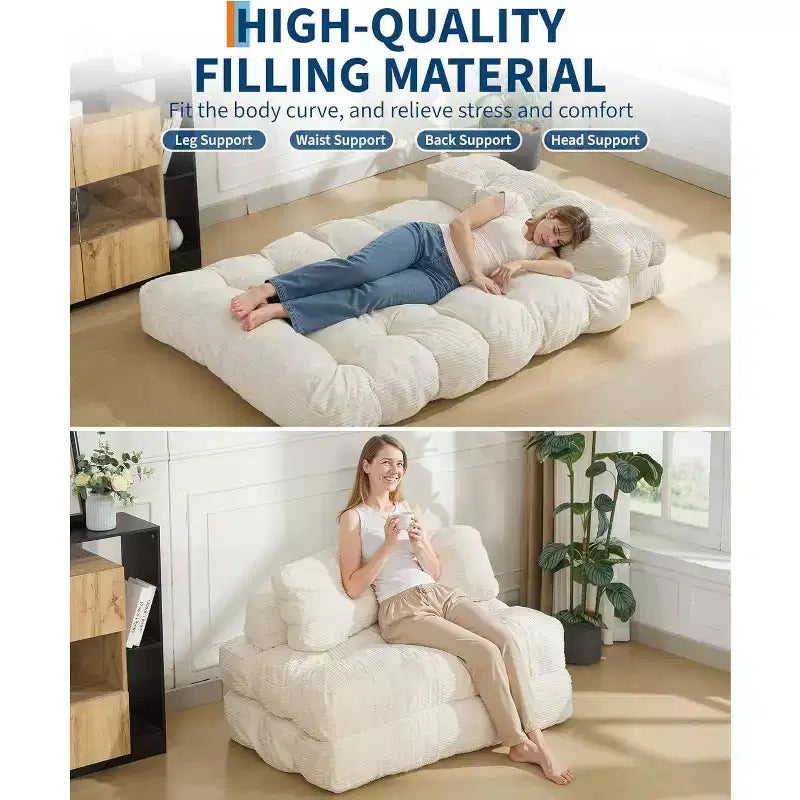 Divano letto pieghevole 3 in 1, poltrona letto convertibile con cuscino, letto pieghevole portatile, comodo divano da pavimento con schienale per soggiorno, beige