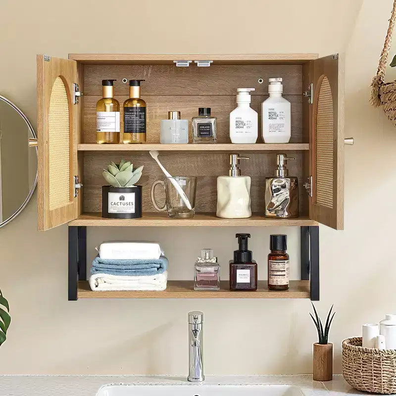 Pensile da bagno, con 2 ante e ripiano regolabile, armadietto a muro da medicinali sopra il WC, con ripiani e divisorio aperto, marrone