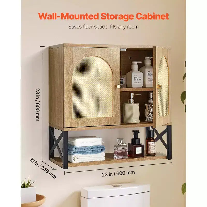Pensile da bagno, con 2 ante e ripiano regolabile, armadietto a muro da medicinali sopra il WC, con ripiani e divisorio aperto, marrone