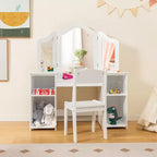 Set toeletta per bambini 2 in 1: Scrivania e sedia da trucco da principessa con specchio triplo sicuro