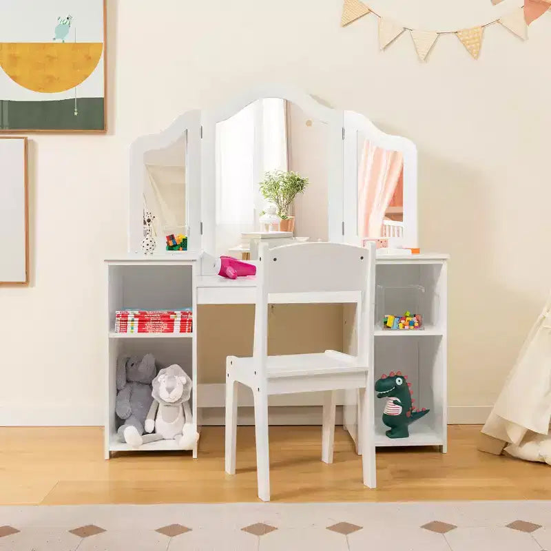 Set toeletta per bambini 2 in 1: Scrivania e sedia da trucco da principessa con specchio triplo sicuro