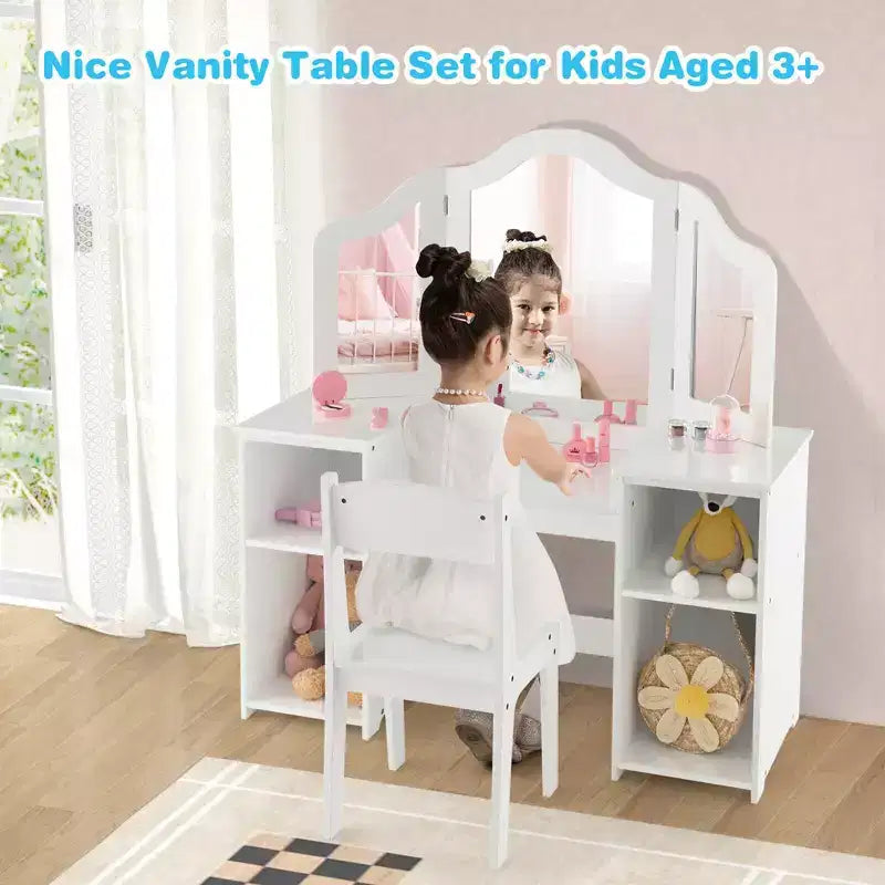 Set toeletta per bambini 2 in 1: Scrivania e sedia da trucco da principessa con specchio triplo sicuro