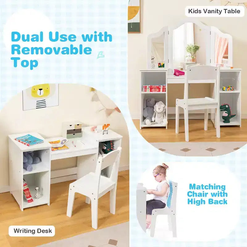 Set toeletta per bambini 2 in 1: Scrivania e sedia da trucco da principessa con specchio triplo sicuro